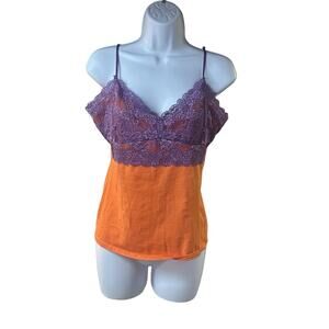 Moda International Y2K Lace Trim Cami Top Orange Purple Spaghetti Strap Size L